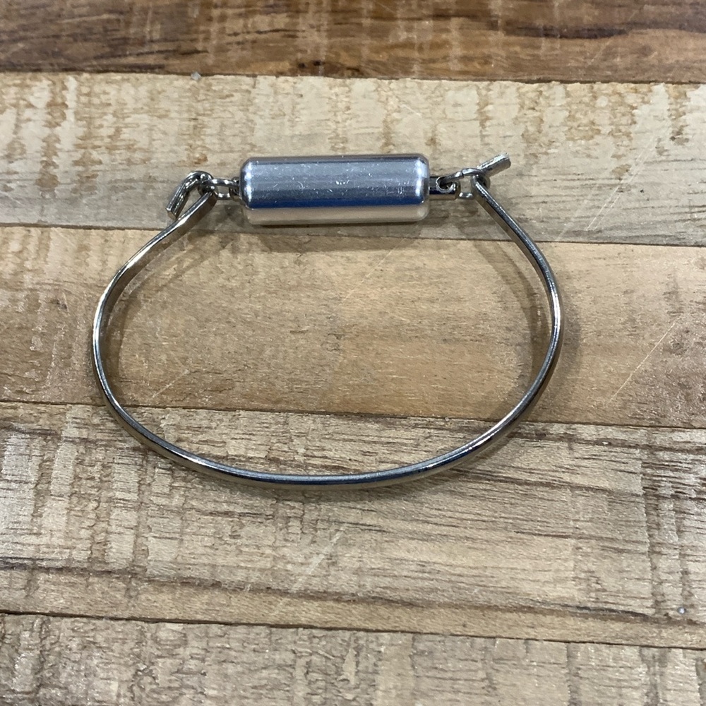 Modernist Silver Tone Cylinder Bar Hook Bangle Bracelet | Minimalist Industrial - Picture 3 of 7